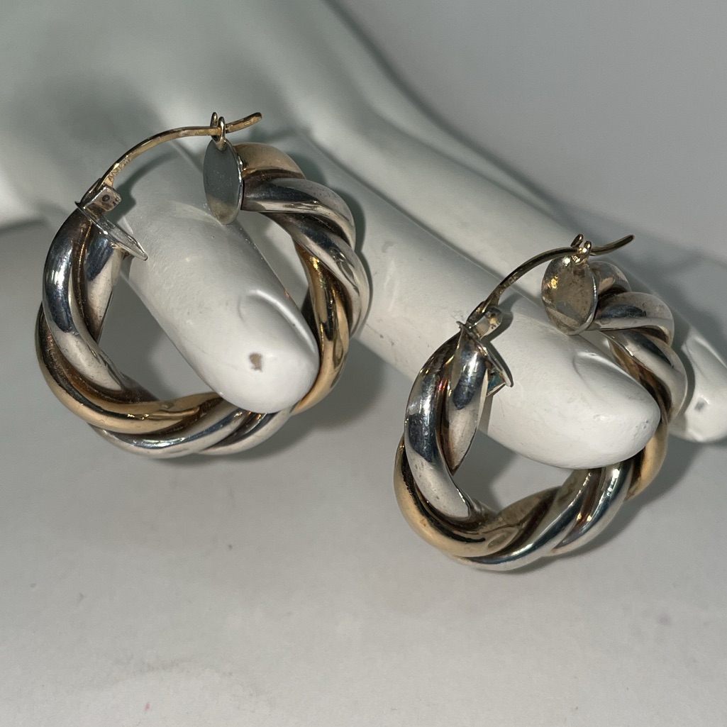 Solid 14k Yellow Gold & 925 Sterling Silver Twisted Rope Cable Hoop Earrings